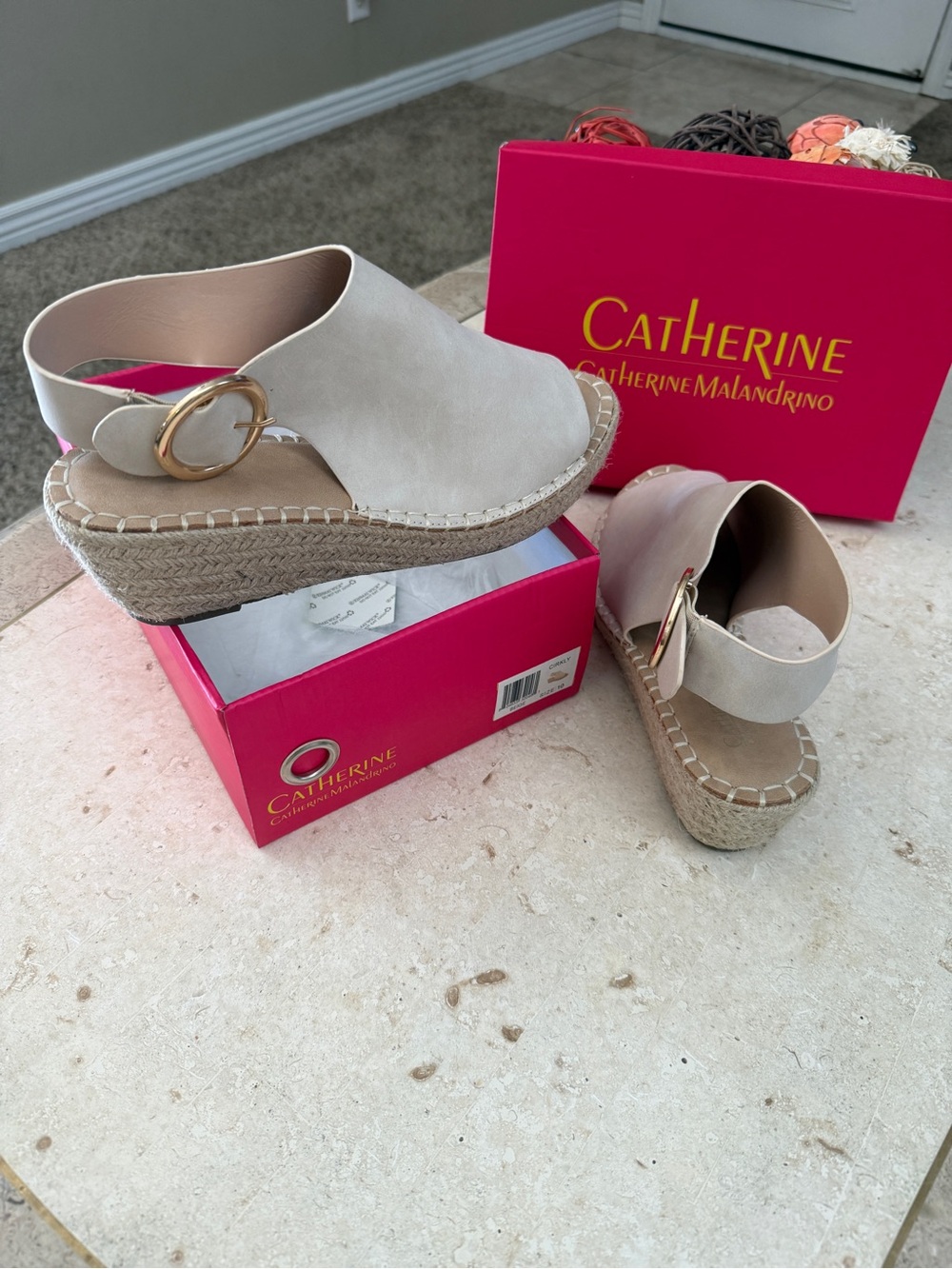 Catherine Malandrino Beige Espadrille Wedge Slingback Sandals